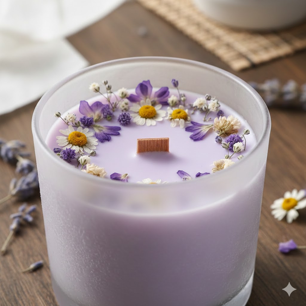 Lavendelfarvet duftlys med tørrede blomster