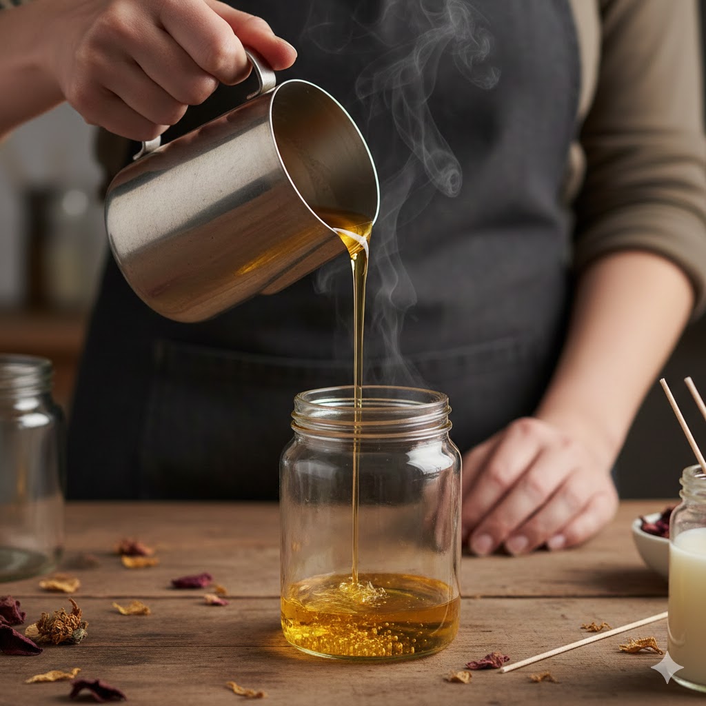 Hånd, der hælder varm voks i glas