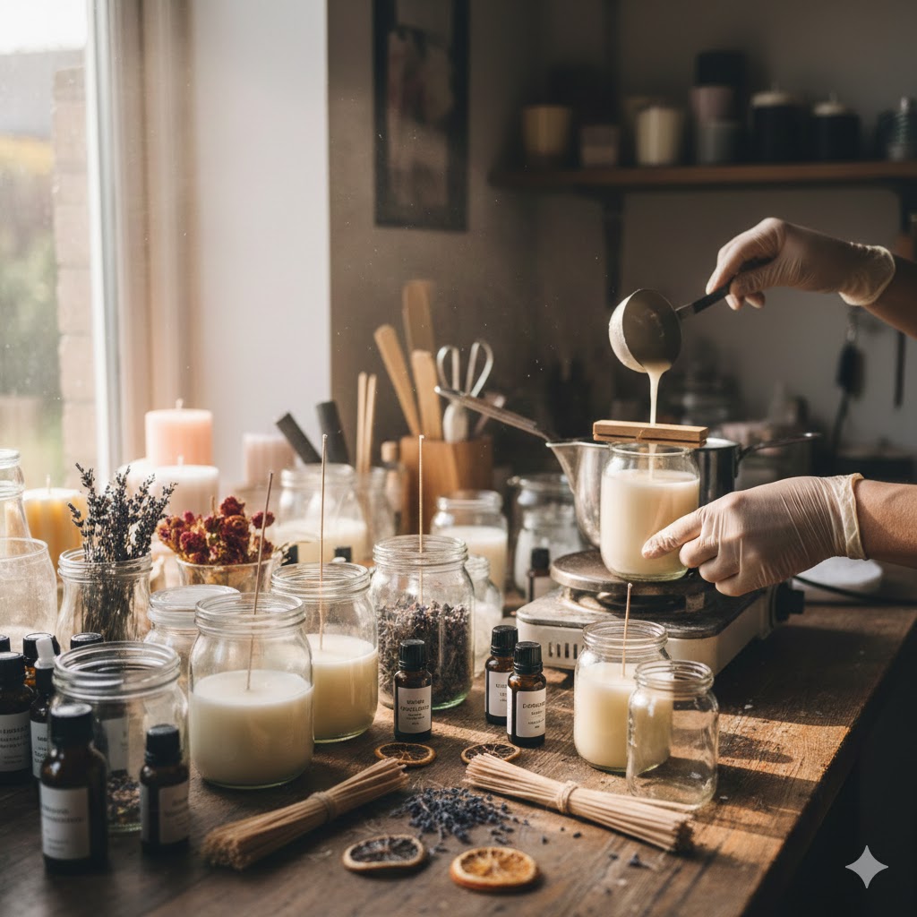 Stemningsfulde håndlavede duftlys i varme nuancer