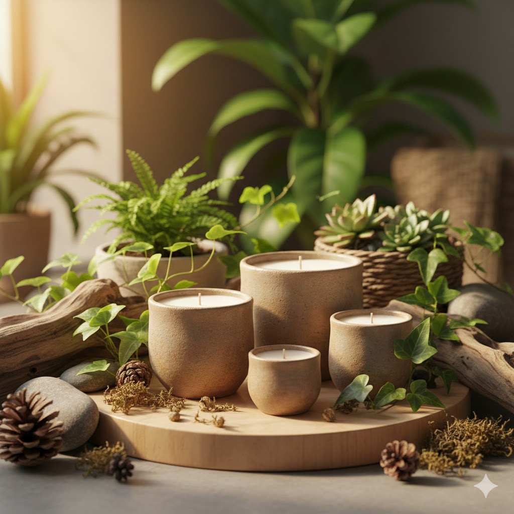 Naturlige materialer og grønne planter omkring duftlys